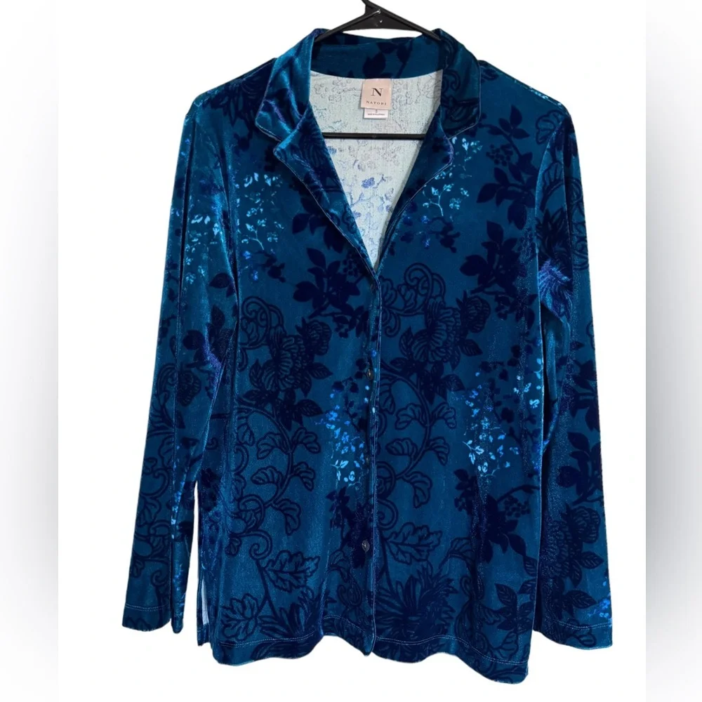 NWT Natori Lush Peony Velour Pajama Set Floral Blue Size Small - Picture 2 of 15